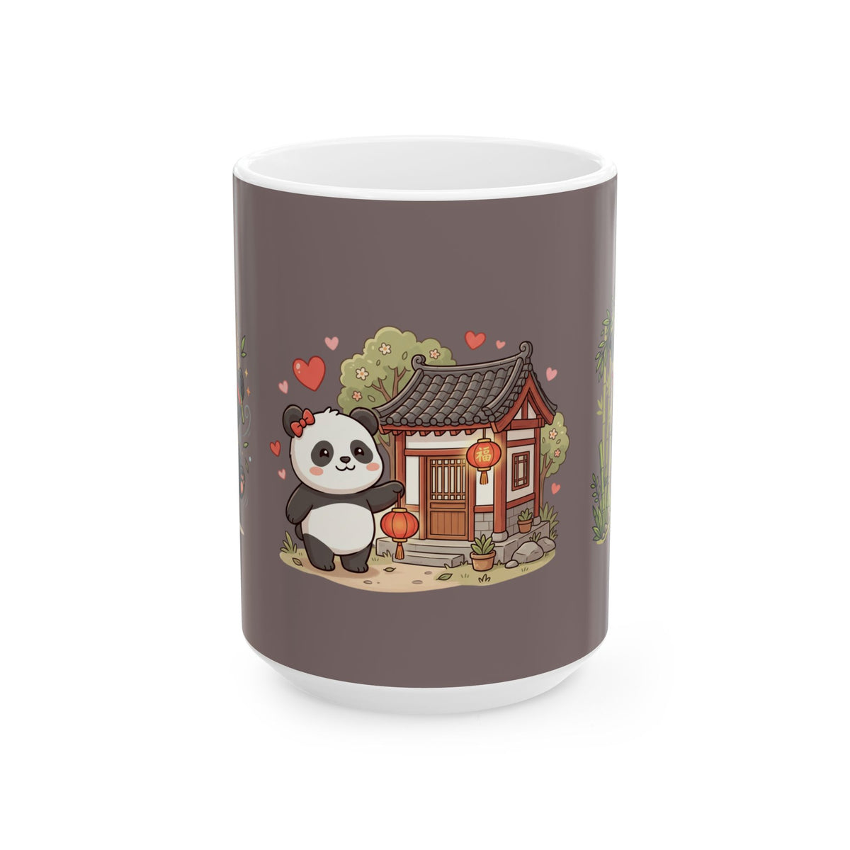 Cute Panda Cottage Ceramic Mug — Asian Lanterns & Bamboo Tea Cup (11oz/15oz)