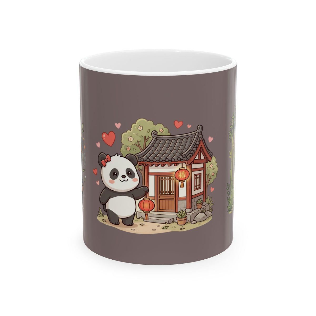 Cute Panda Cottage Ceramic Mug — Asian Lanterns & Bamboo Tea Cup (11oz/15oz)